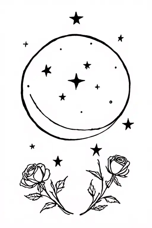 five stars with North Star by crescent moon and three roses of various stages tattoo design idea