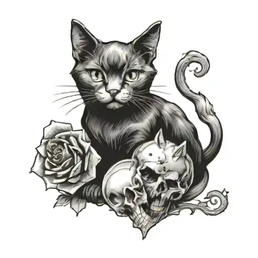 black cat and skull with heart-shaped eye sockets tattoo design idea