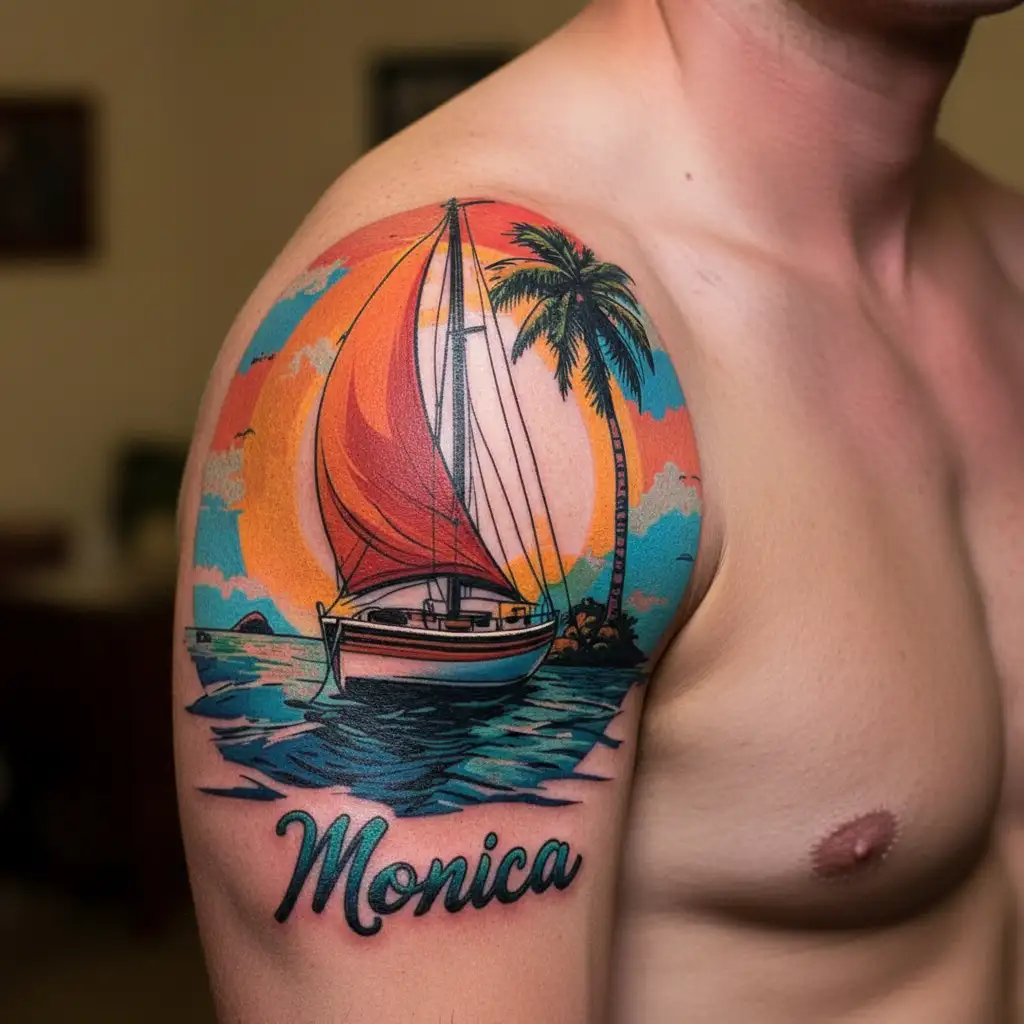 "Monica" white sailboat in foreground, background sunrise sky, small island in far background  plam vibrant colors no borders  tattoo design idea