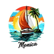 "Monica" white sailboat in foreground, background sunrise sky, small island in far background  plam vibrant colors no borders  tattoo design idea