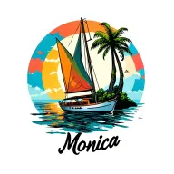 "Monica" white sailboat in foreground, background sunrise sky, small island in far background  plam vibrant colors no borders  tattoo design idea