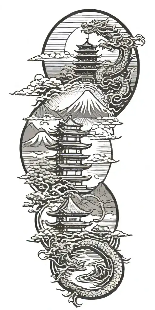japanese landscape with pagodas with mount fuji on background and a dragon in the sky tattoo design idea