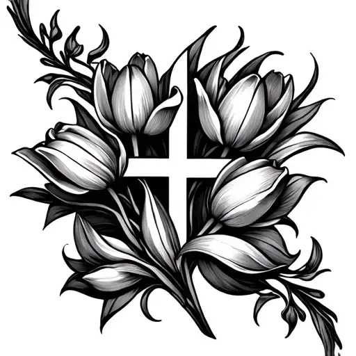 thin cross with elegtulips coming outside lsd dmt tattoo design idea