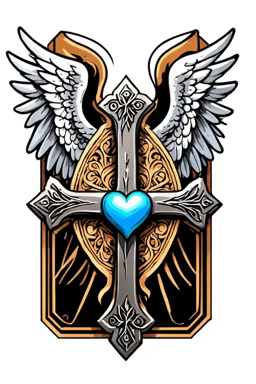 religious steel cross with a blue heart in the center and angel wings (2d) behind  the crossing tattoo design idea