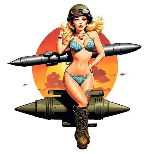 sailor Jerry style pinup posing on WWII missile, bikini, combat boots, army helmet with goggles, blonde windblown tattoo design idea