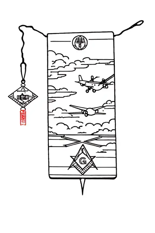 I wanted a tattoo of an omamori amulet, with three illustrations, an airplane, a Masonic symbol and a businesswoman tattoo design idea