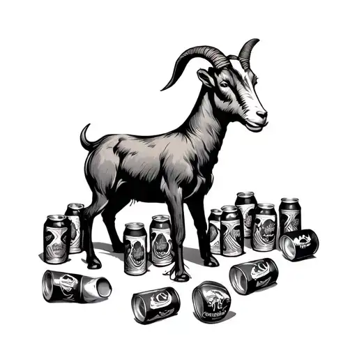 Thin line goat stiletto with empty beer cans surrounding him tattoo design idea