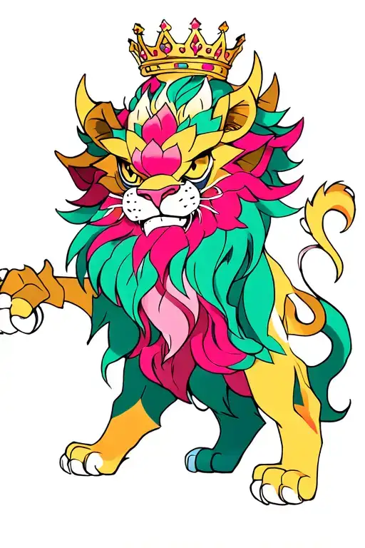 colored demon lion with crown by lotus flower tattoo design idea