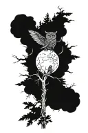 forest surrounded by the moon with owls sitting on a branch with the words man of few words but many actions tattoo design idea