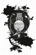 forest surrounded by the moon with owls sitting on a branch with the words man of few words but many actions tattoo design idea