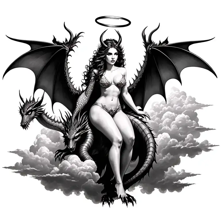 grey scale beautiful devil woman with halo riding dragon with fairy wings above the clouds with sun shinning  tattoo design idea