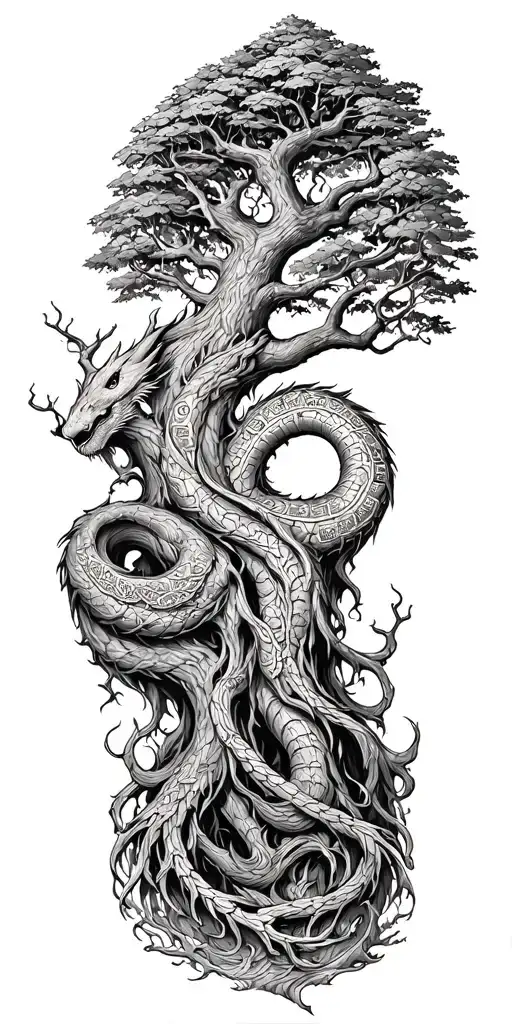 yggdrasil with jormungandr tree norse runes tattoo design idea