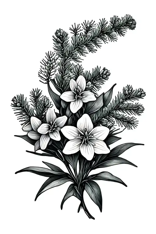 hyacinth and heather flowers and spruce branches tattoo design idea