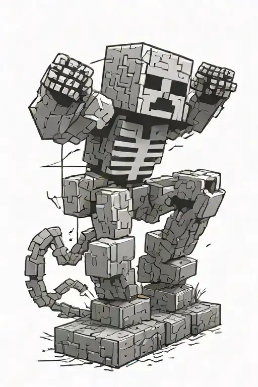 black and drey stencil of a minecraft whither skeleton in his natural pose, looking the maximun posible like in the game tattoo design idea