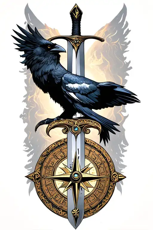 I would like a sword with a raven, rune stones and a viking compass blending into the skin. I want it to be traditional  tattoo design idea
