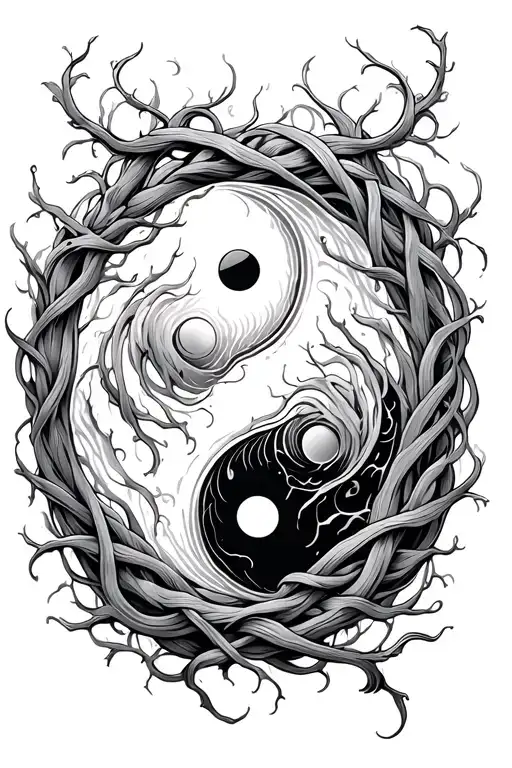 ying and yang symbol with thick vines around and over it tattoo design idea