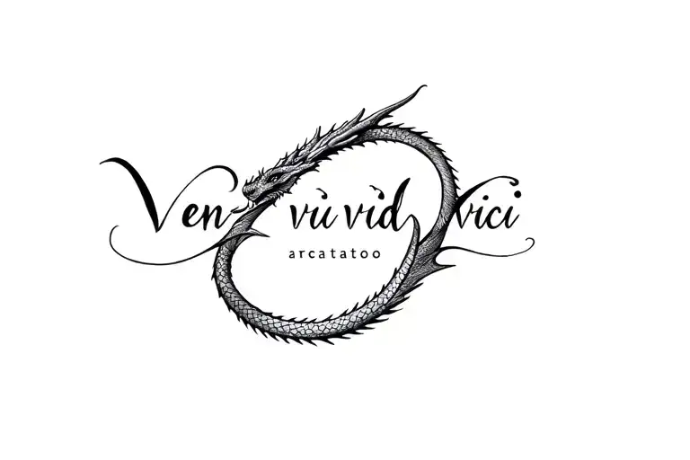 Veni vidi vici tattoo script font intertwined dragon, very dainty tattoo design idea