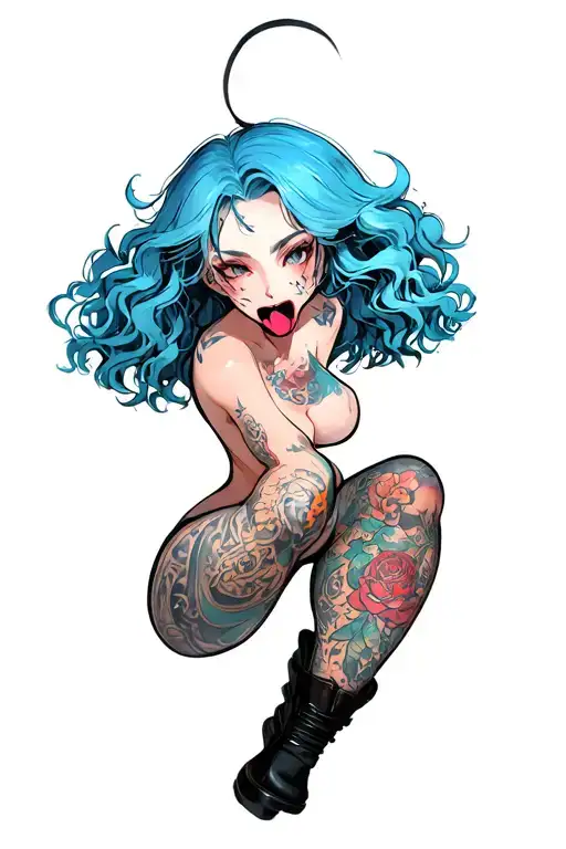 Clean, hentail, 3/4 body, nude, bdsm, stick out tongue, nymphomaniac face, young, sexy position, small boobs, blue hair tattoo design idea