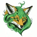 a fox with green eyes and long hair tattoo holding open tattoo design idea