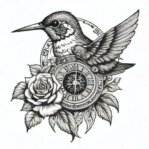 1993 and a clock in Roman numerals surrounded with a hummingbird feeding on a rose  tattoo design idea