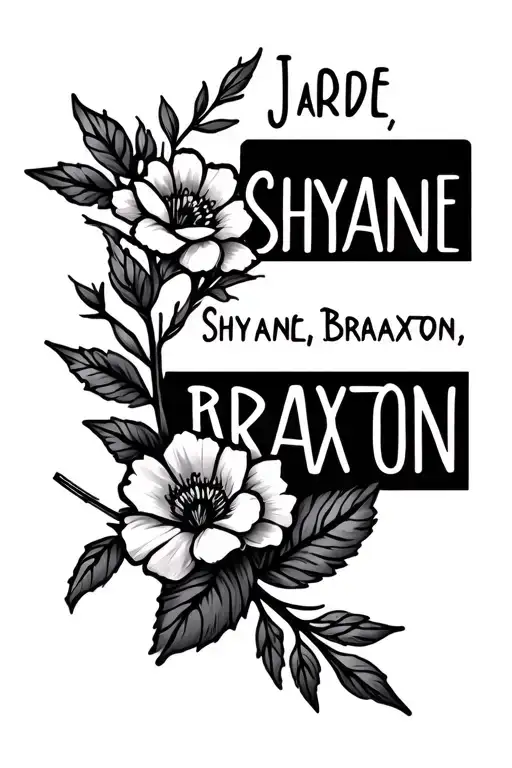 "Jade, Shyanne, Braxton, Noah" arrow and flower intertwined tattoo design idea