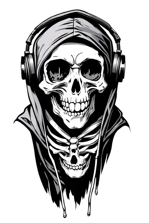 punk rock skeleton wearing a hoodie and listening to music through headphones  tattoo design idea