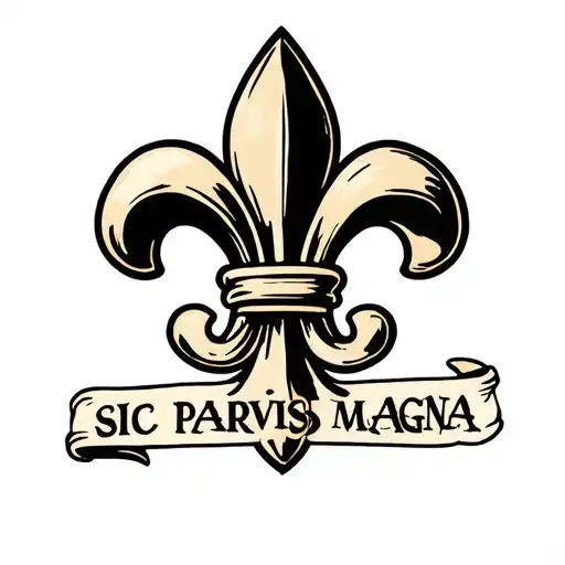 Fleur-de-lis with sic parvis magna text tattoo design idea