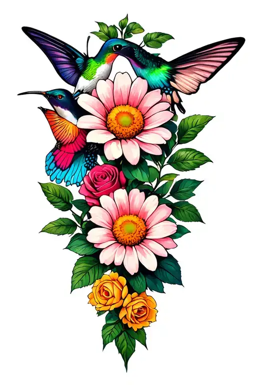roses daisies hummingbird and butterfly tattoo design idea