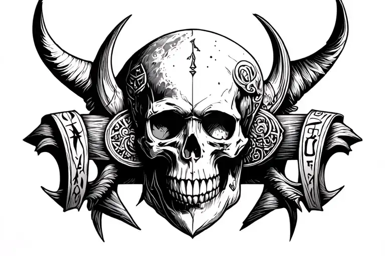 viking runes skull moon Memento morí. tattoo design idea