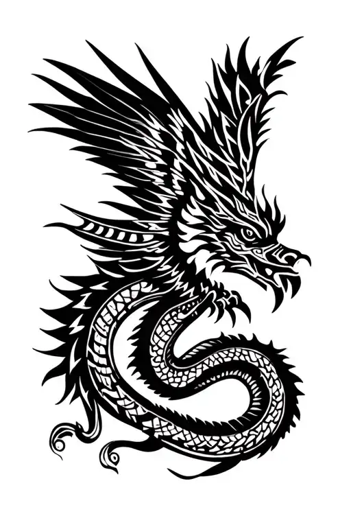 Tattoo design of Quetzalcoatl with 1 wing and aztec designs/symbols. Feathered scales. More serpent than bird. Facing to tattoo design idea