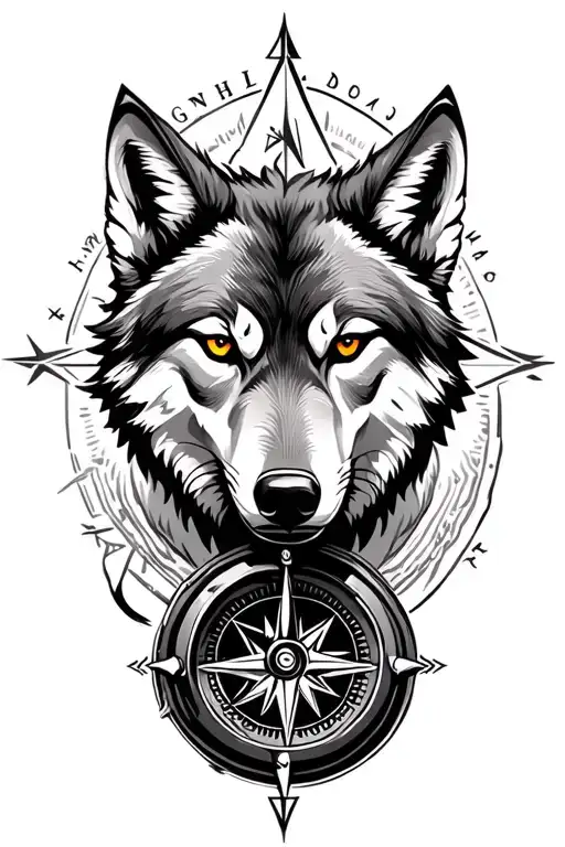 wolf head ontop of a compass nordic style tattoo design idea