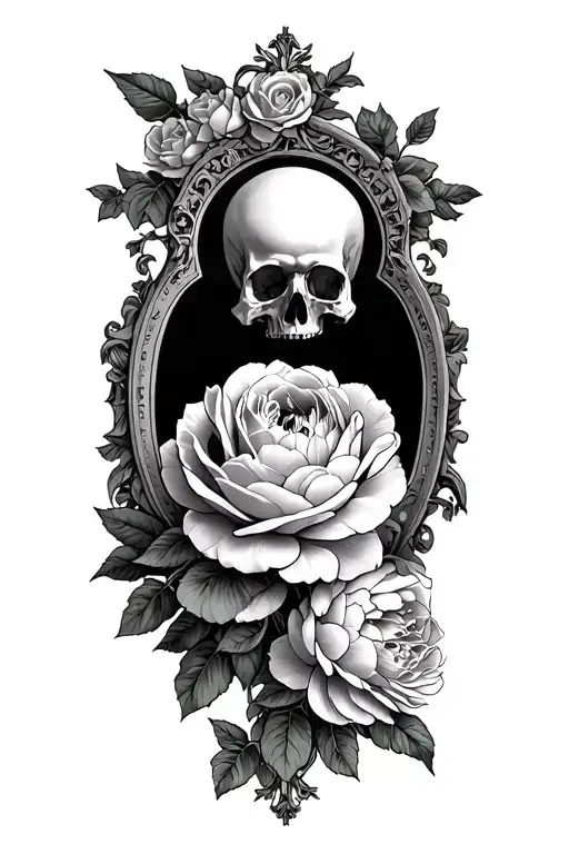 A Gothic mirror. climbing roses, death head and pews a peony tattoo design idea