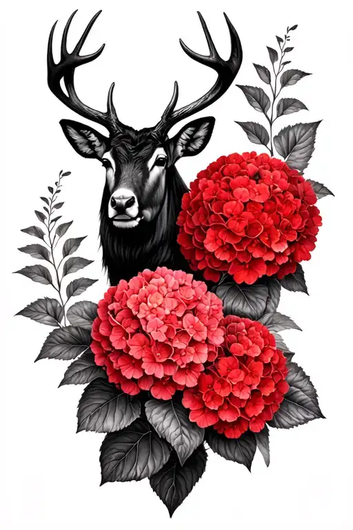 Red Hydrangeas and Black Stag tattoo design idea