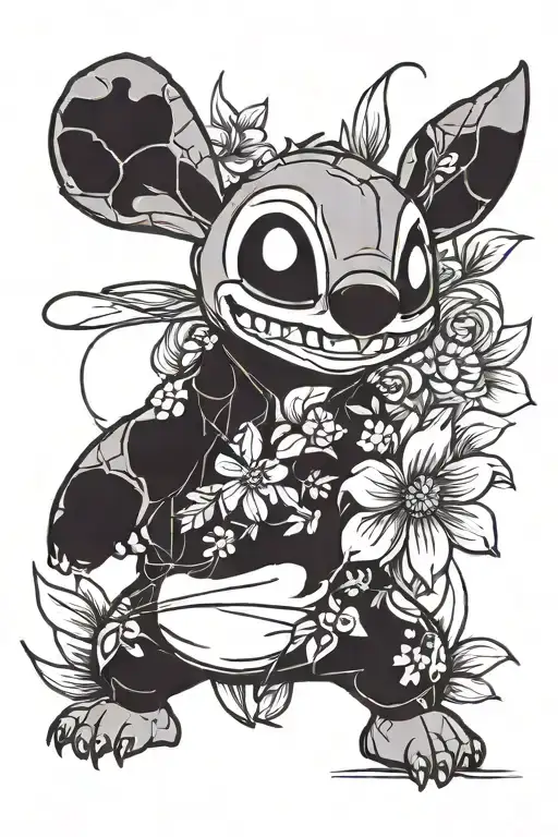 stitch from lilo and stich with flowers to the right left and bottom tattoo design idea