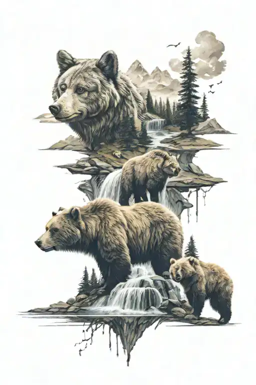 mountains with waterfalls and grasslands with bears and wolves in the background tattoo design idea
