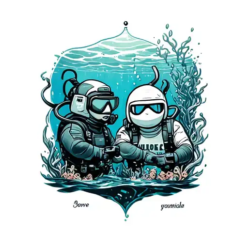 A tattoo design featuring iconic video game characters in a underwater scene, blending the client's love for video games and diving tattoo design idea