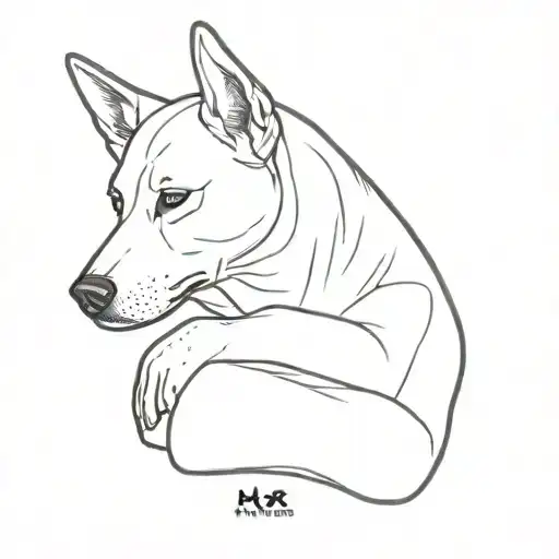 dog resting chin on hand or something angelic something and it says mr raizu biski boy below  tattoo design idea