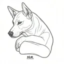 dog resting chin on hand or something angelic something and it says mr raizu biski boy below  tattoo design idea