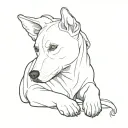 dog resting chin on hand or something angelic something and it says mr raizu biski boy below  tattoo design idea