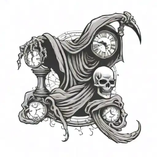 grim reaper with a clock for a head ripping its brain out tattoo design idea