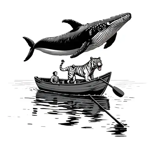 whale jumping over rowing boat. in the boat is a boy and a tiger tattoo design idea