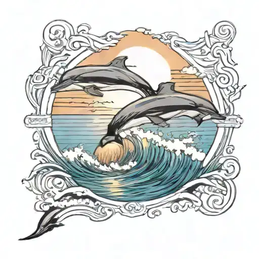 a colorful tattoo with a sunset in the background behind a beach with ONLY three dolphins jumping out of the water tattoo design idea