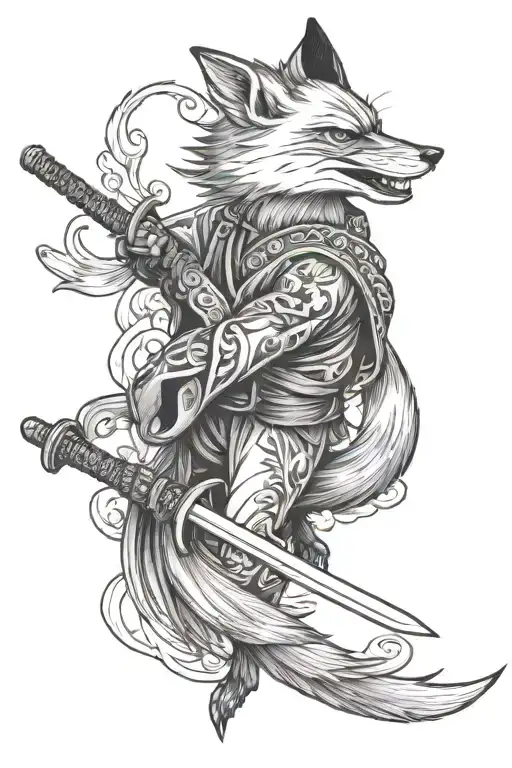 Japanese fox and crow with 2 katanas crossed tattoo design idea