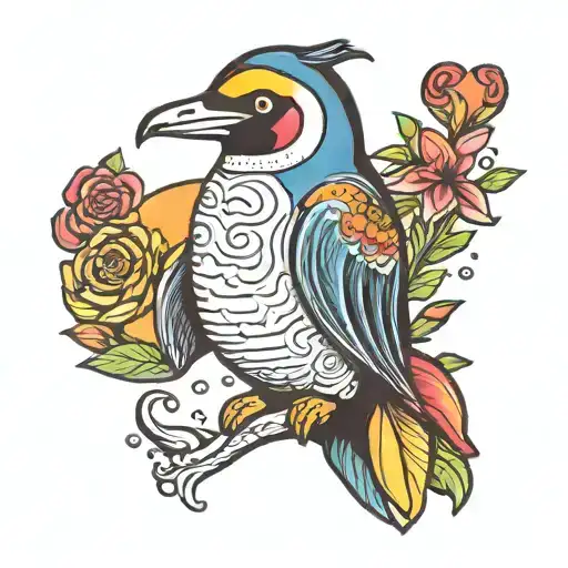 A tattoo design of a rainbow-colored penguin wearing a Taylor Swift cardigan, reflecting your favorite things and unique style tattoo design idea