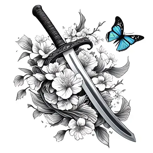 A katana wrapped in delicate cherry blossoms and two koi fish, with butterflies resting near the handle. The design blen tattoo design idea