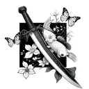 A katana wrapped in delicate cherry blossoms and two koi fish, with butterflies resting near the handle. The design blen tattoo design idea