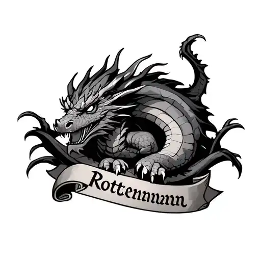 minimalistic line tattoo dragon laying on "rottenmann" banner tattoo design idea