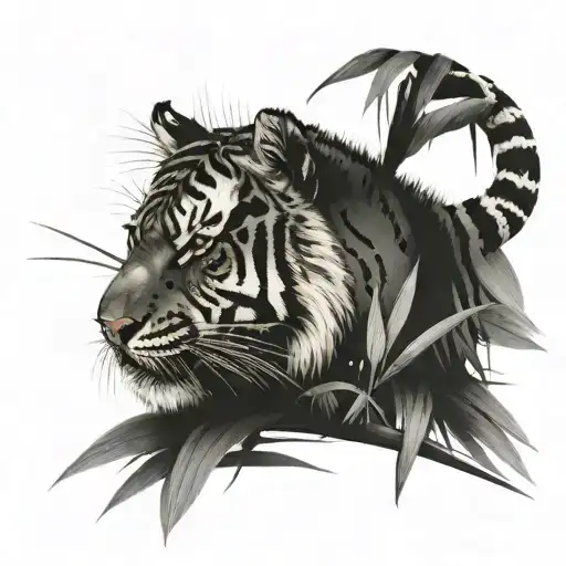 full-body tiger in the realistic forest with e bamboo shoots scattered as if its staring at its prey defined eyes tattoo design idea