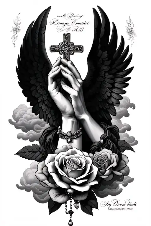 prayer hands, rosary, clouds, angel wings, rose, cross, name, date tattoo design idea