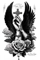 prayer hands, rosary, clouds, angel wings, rose, cross, name, date tattoo design idea